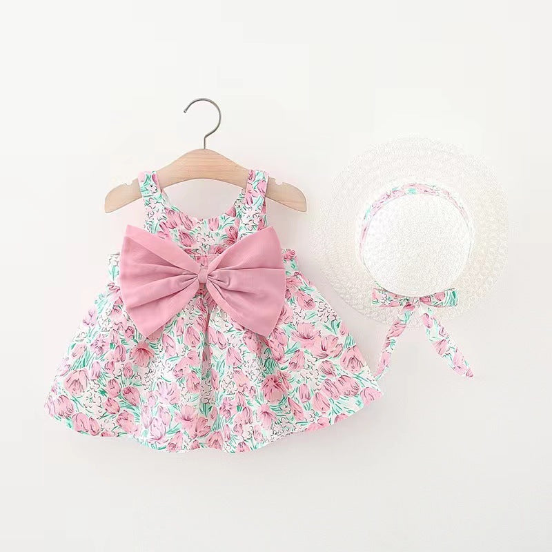 Girls' Summer Sleeveless Bow Dress with Hat