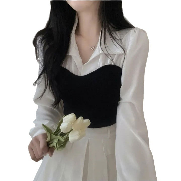 Retro-style collared color-blocked faux two-piece long-sleeved shirt