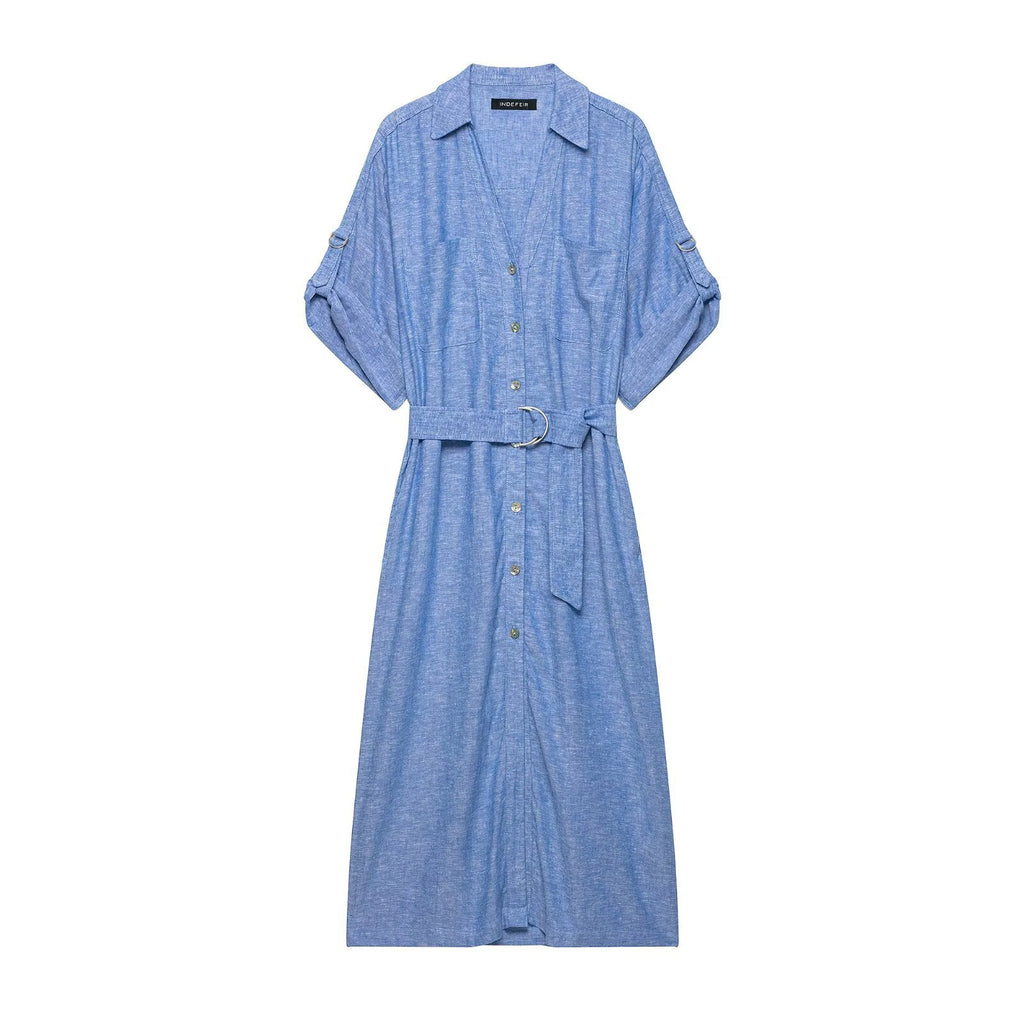 Women's Short sleeved Dress with Linen Blended Belt