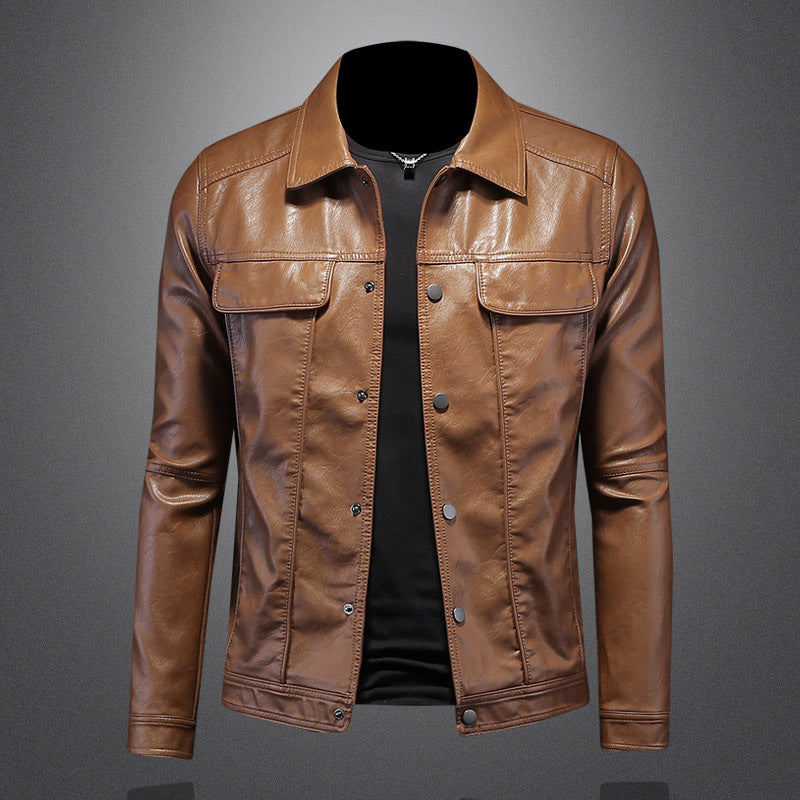 Men's PU Leather Jacket Slim Fit Casual Lapel Motorcycle Style