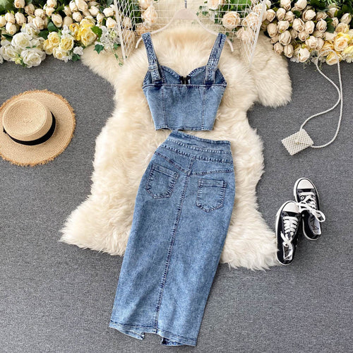 Women's Denim Camisole and High Waist Skirt Set