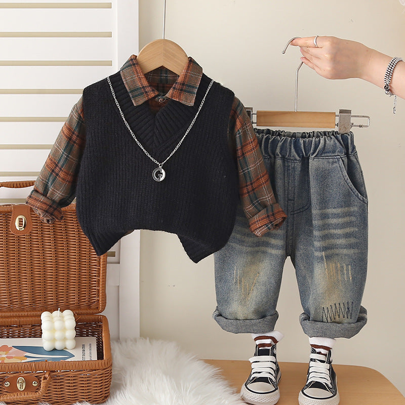 Boys' Plaid Shirt Vest Trousers Set