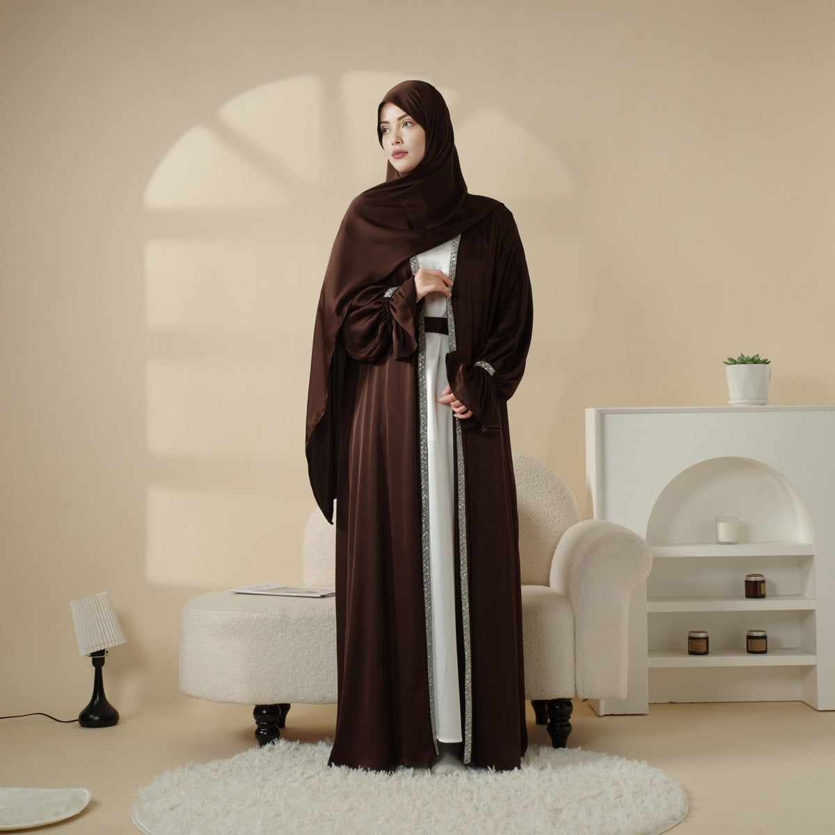 Skirt cuff with diamond abaya women's robe set inner dress, matching belt, and headscarf