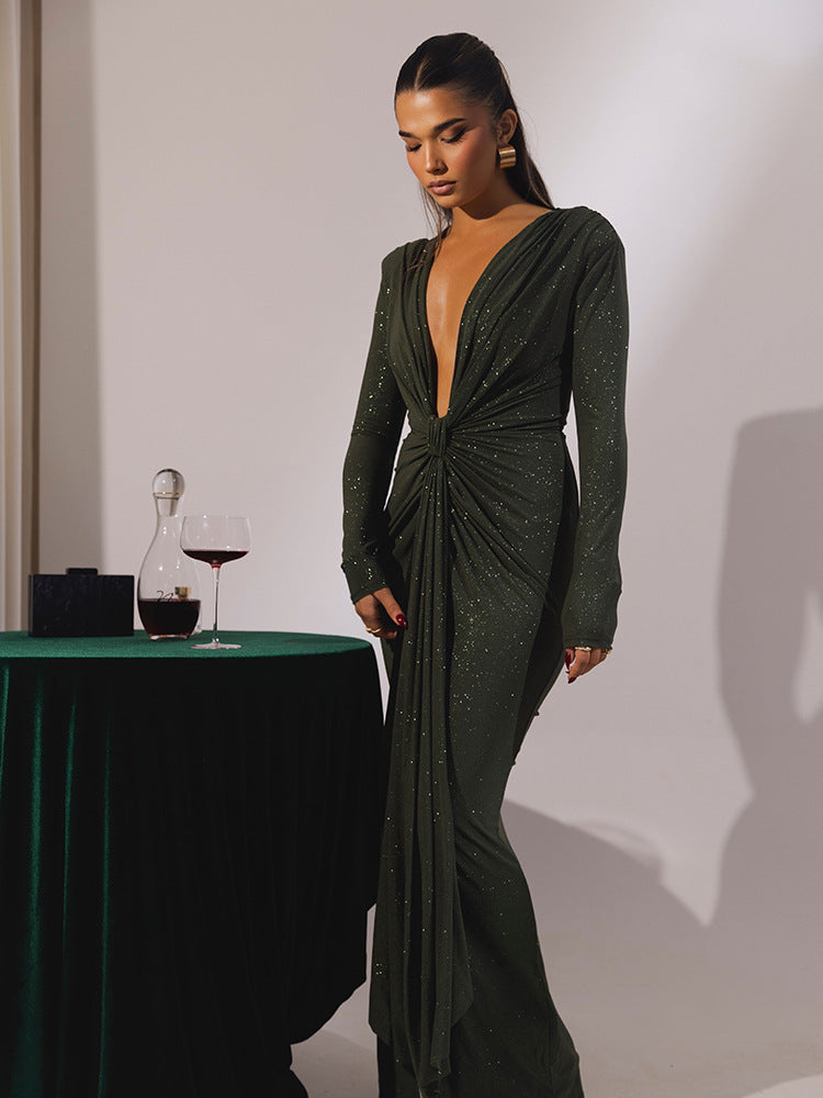 Cross-border Autumn and Winter Sexy Deep V-neck Sequin Strap Dress Dress Elegant Long-sleeve Split Slim-fit dress Party
