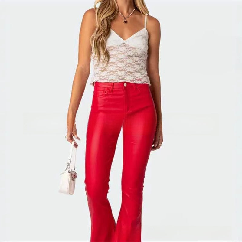 Breathable Flared Denim Leather Pants