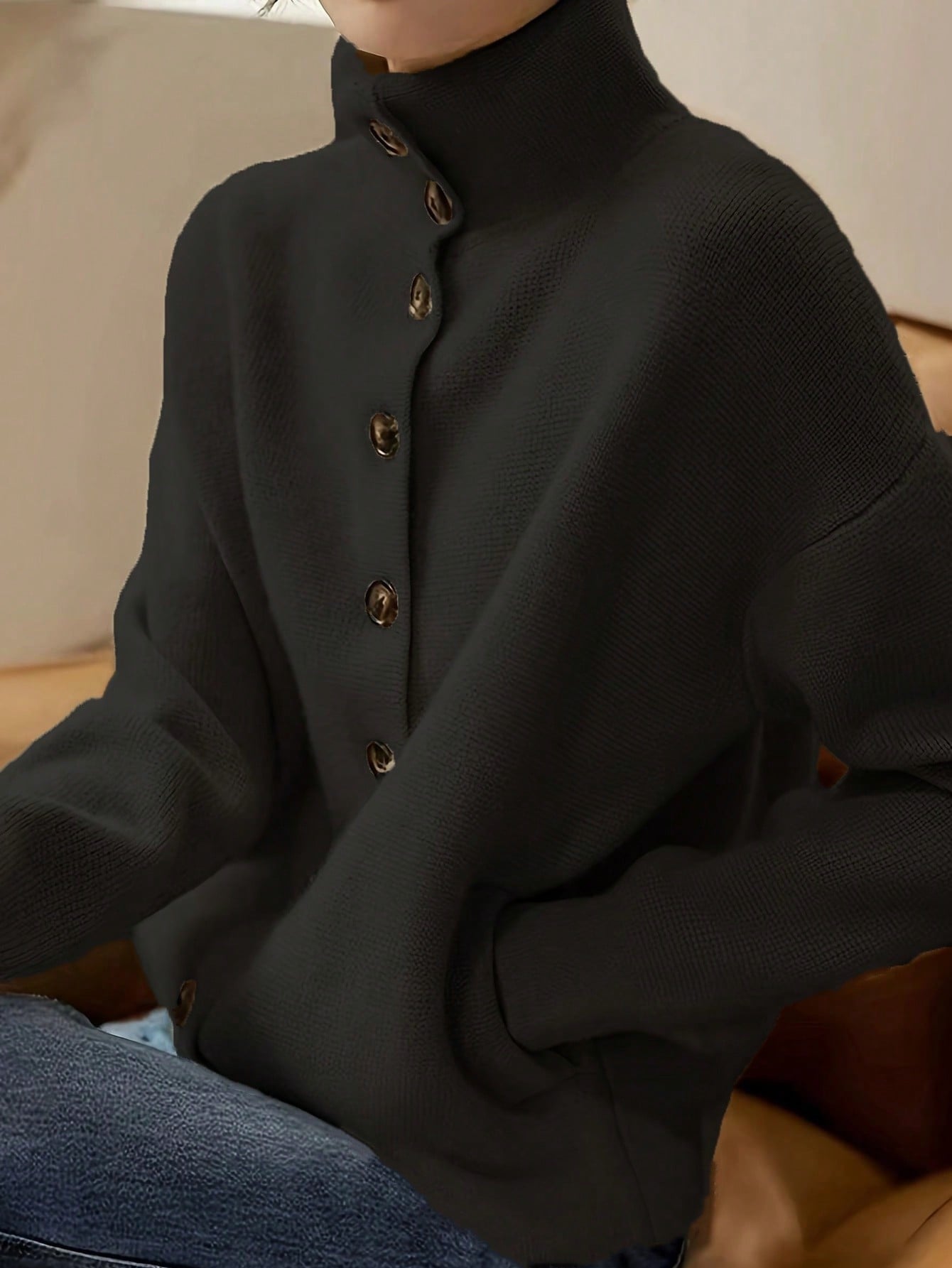 Stand-Up Collar Long-Sleeved Knitted Cardigan