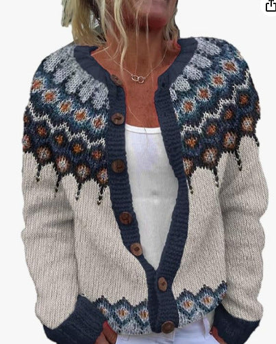 Ethnic Jacquard Knit Cardigan Women Long Sleeve Retro Style