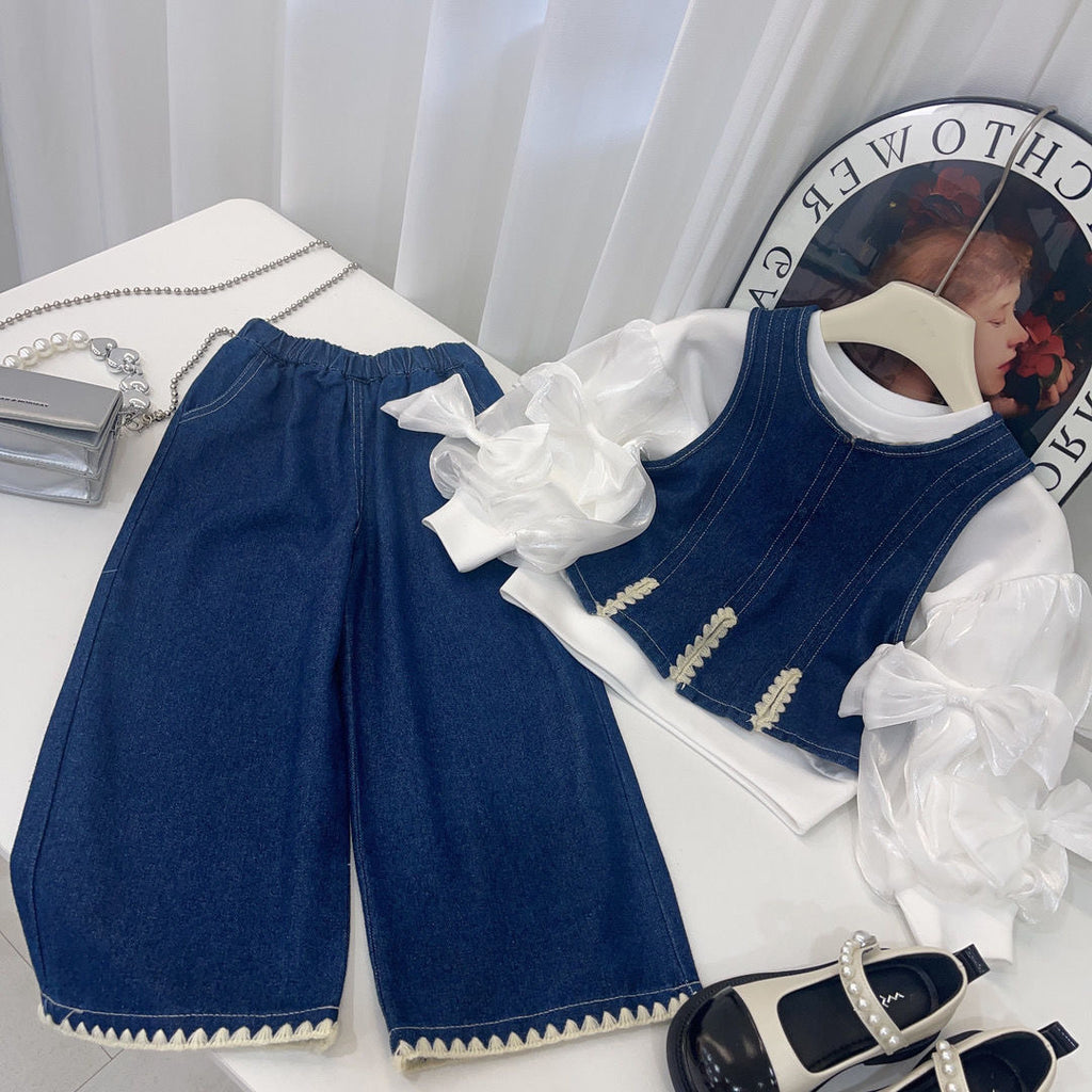 Girls' Denim Vest Wide-Leg Pants Three-Piece Set