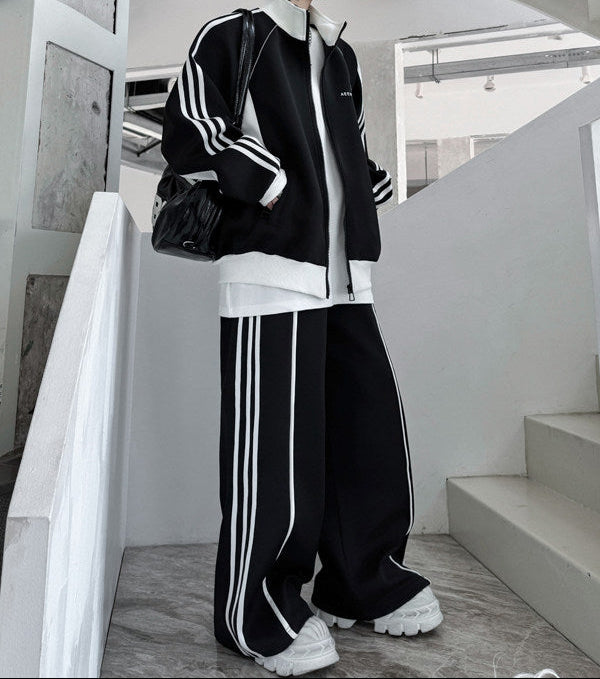 Men's Black and White Color-Block Sports Suit - Two-piece set
