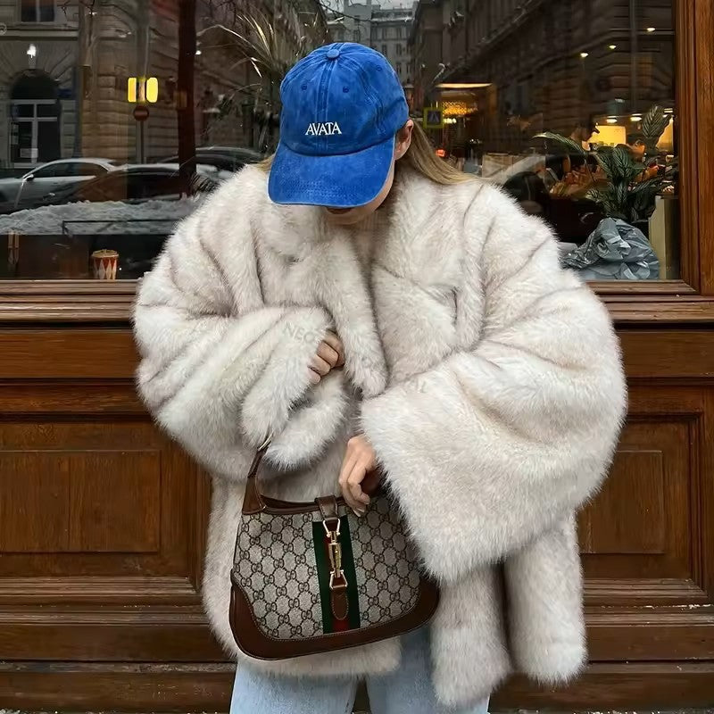Women's Faux Fur Mid-Length Coat with Extended Collar
