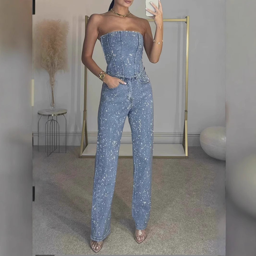 Off-the-shoulder shiny vest and diamond trousers