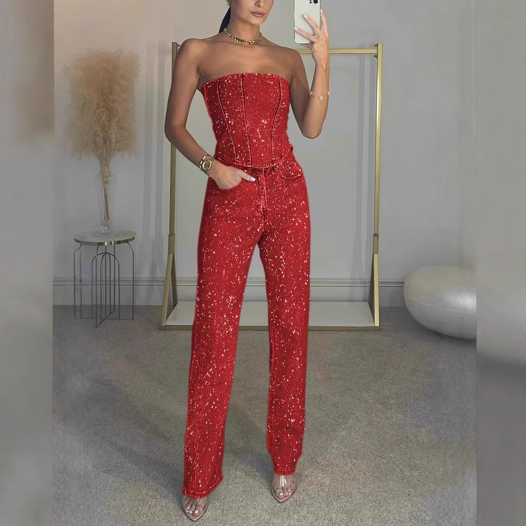 Off-the-shoulder shiny vest and diamond trousers