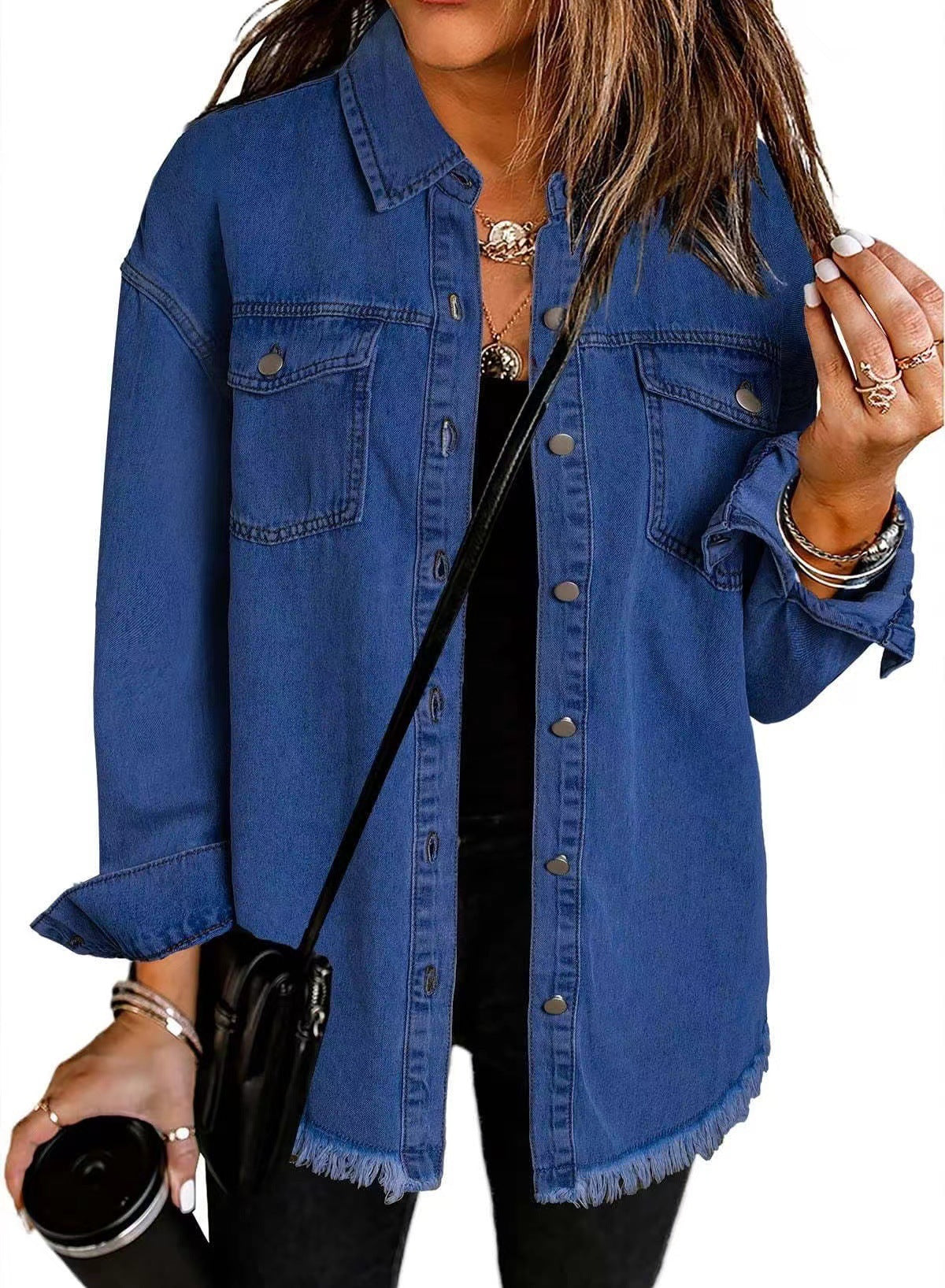 Washed Denim Shirt Jacket with Frayed Hem