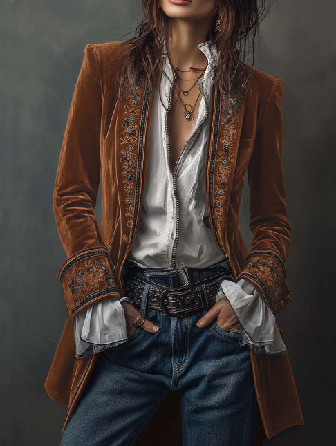Long Sleeve Solid Color Patchwork Gold Velvet Jacket