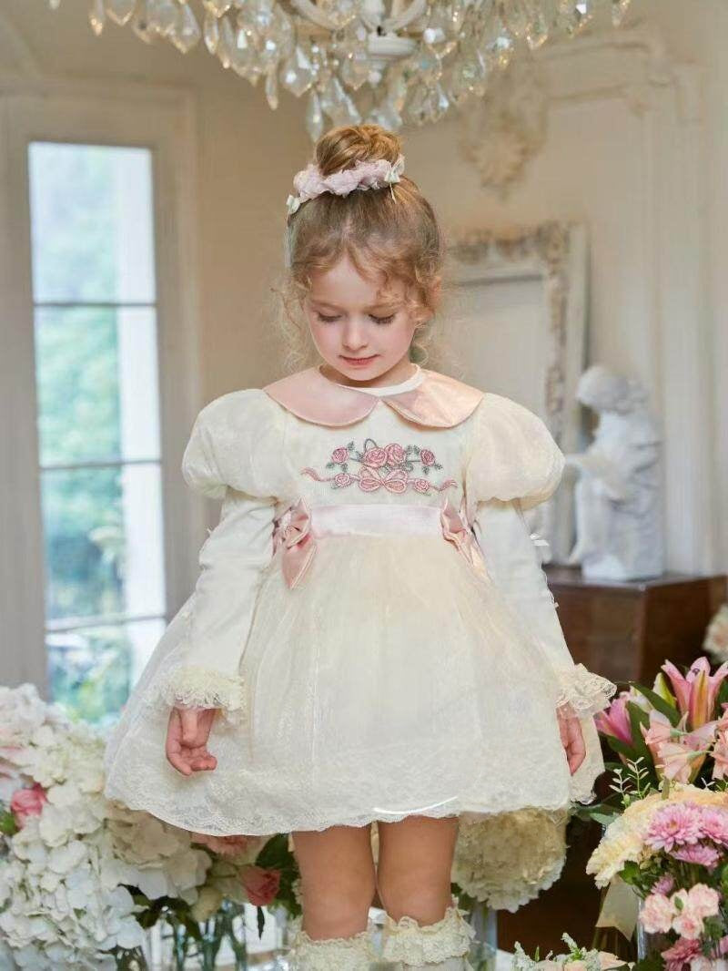 Girl's Embroidered Mesh Princess Dress with Doll Collar