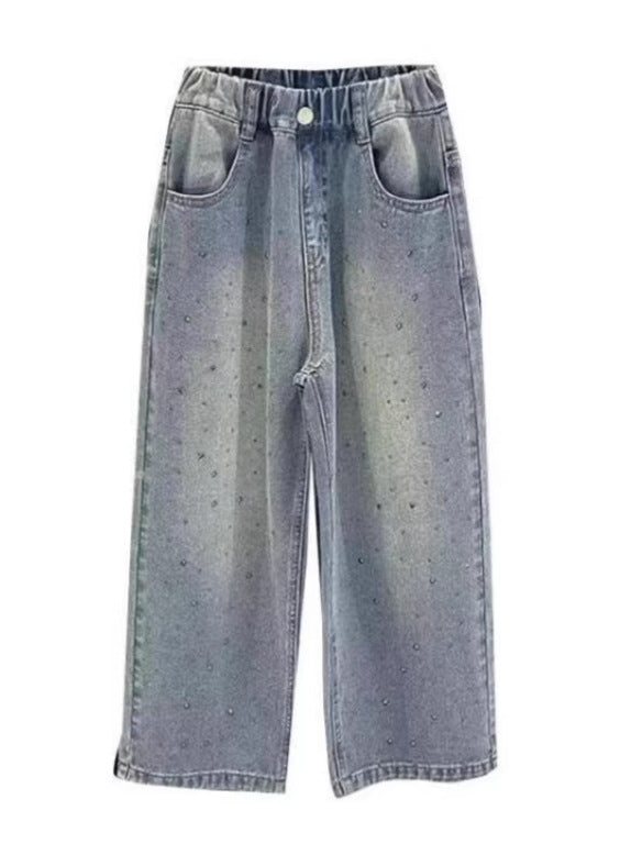 Girls' Rhinestone Wide Leg Denim Pants