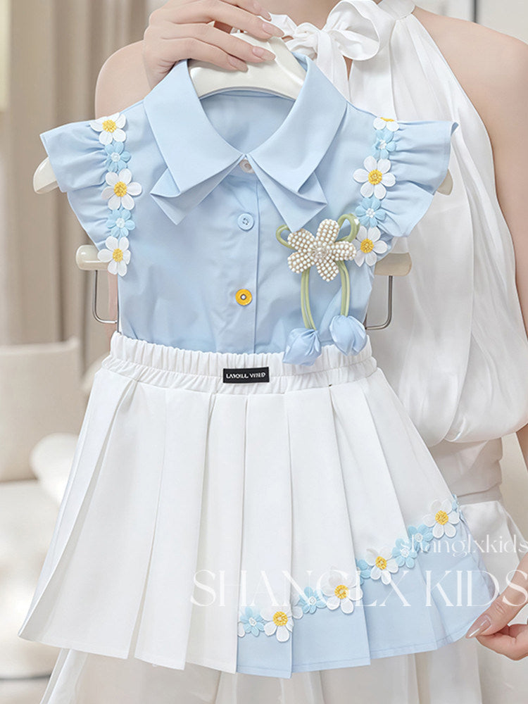 Girls' preppy floral pleated outfit - Two-piece set top and skirt