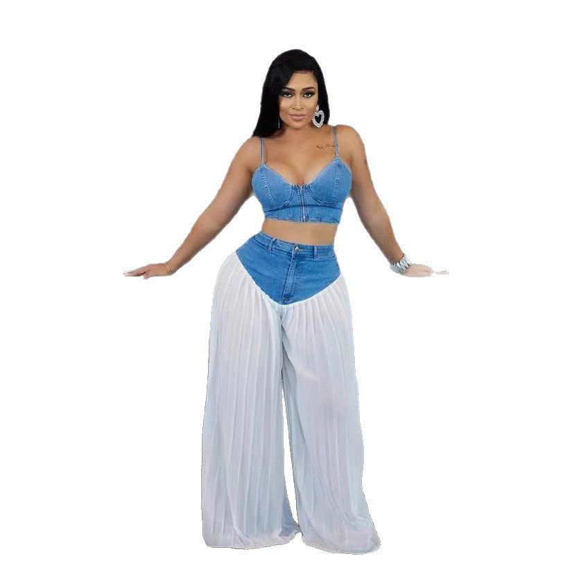 Pleated denim vest paired with chiffon trousers