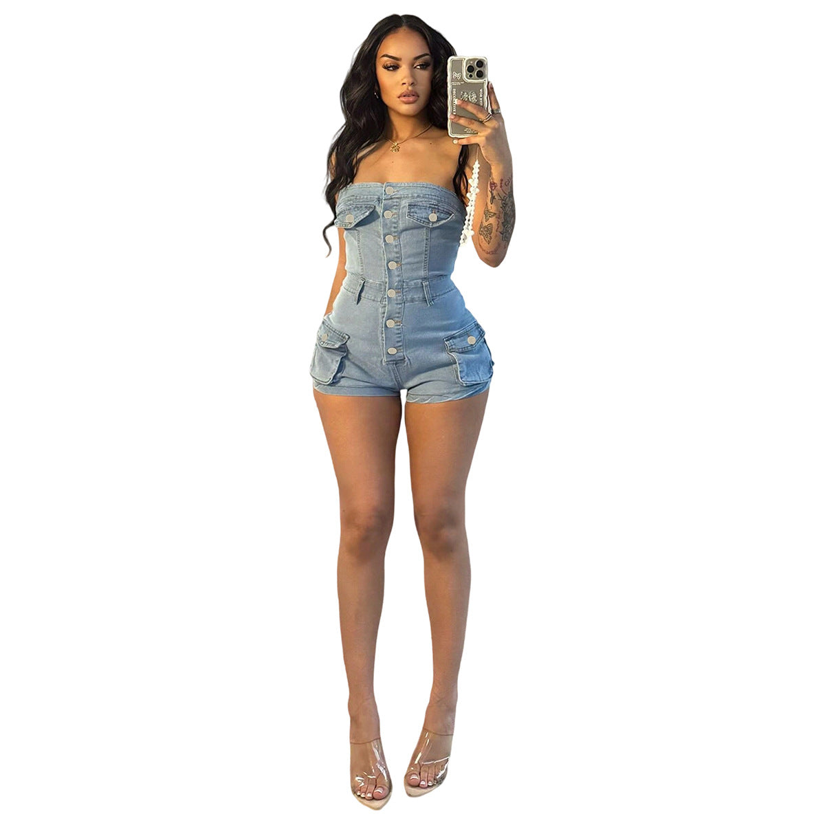 Elastic Denim Sleeveless Jumpsuit with Pockets