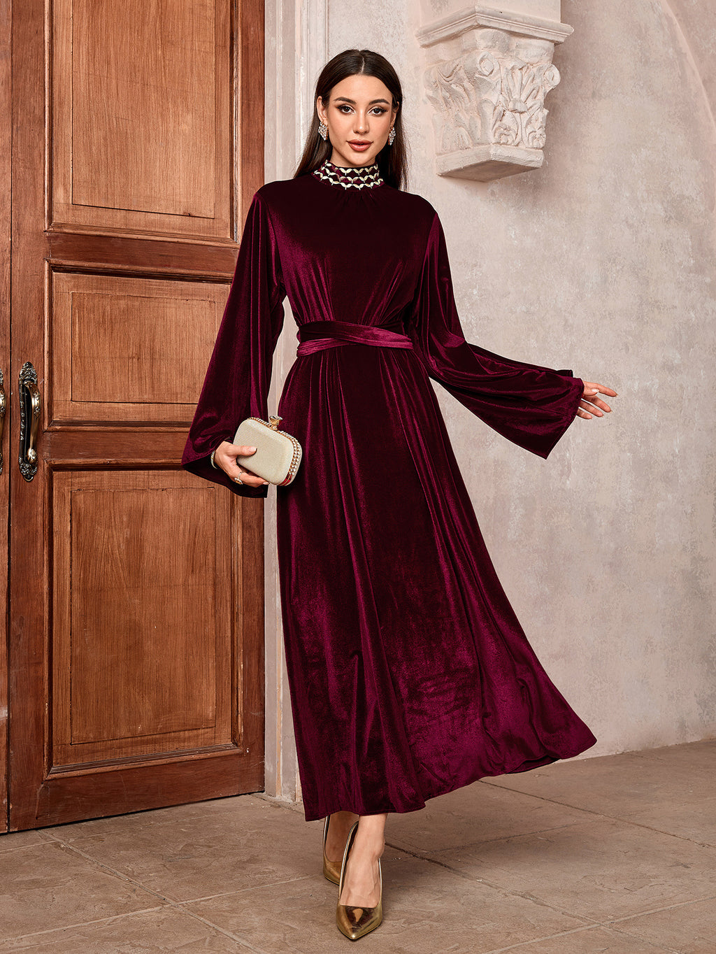 Embroidered trumpet sleeve dress