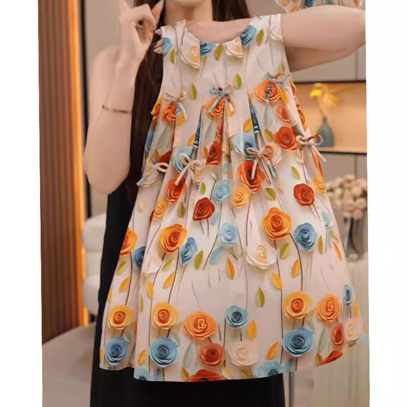 Girls' Floral Bow Sleeveless Princess Dress