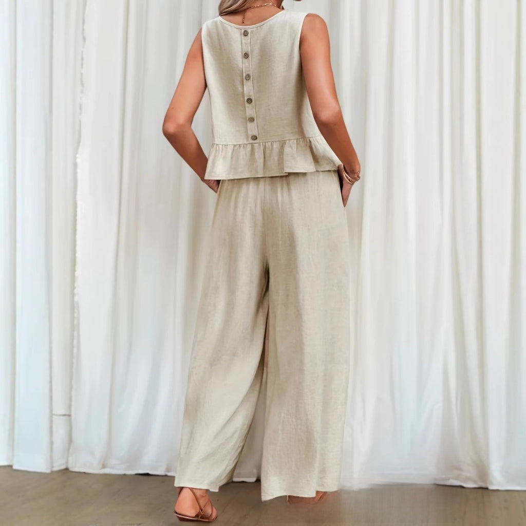 Sleeveless pleated blouse wide-leg nine-inch pants