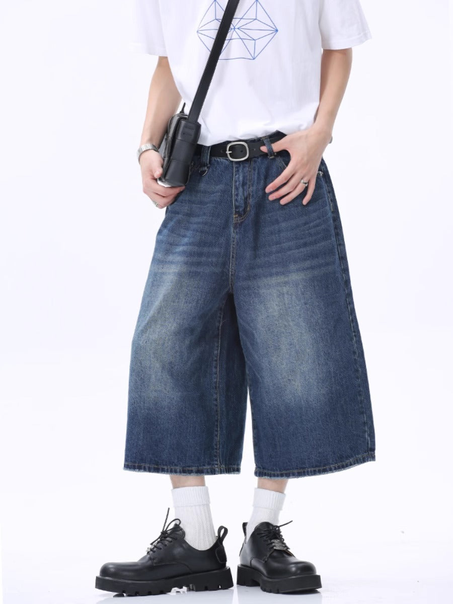 Washed distressed cropped denim shorts