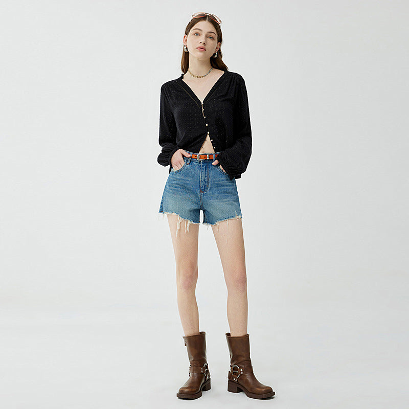 Embroidered High Waist Denim Shorts