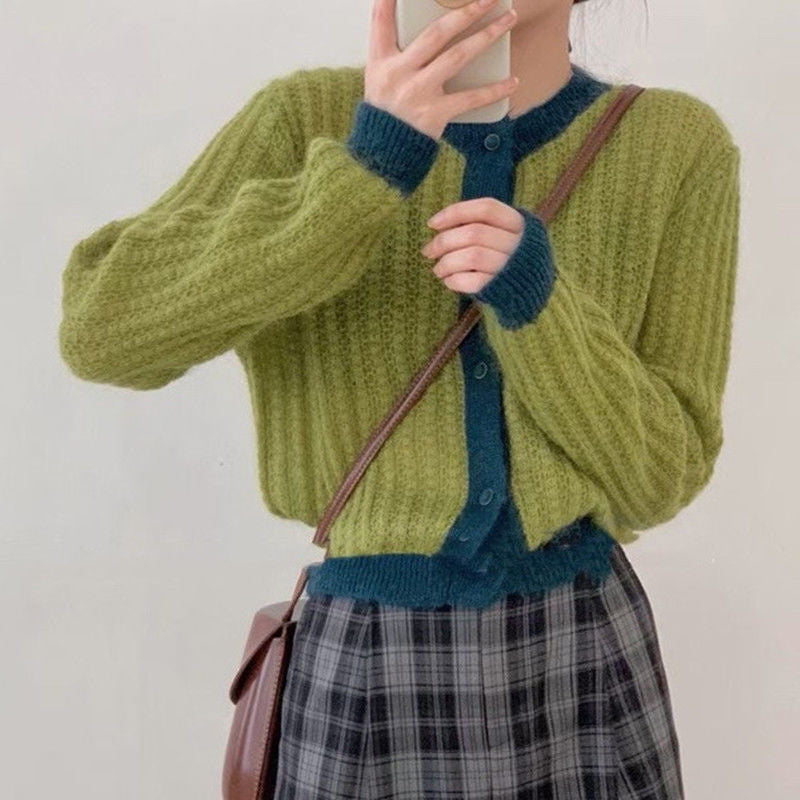 Color Block Knitted Cardigan Women's Loose Fit Open Front Sweater