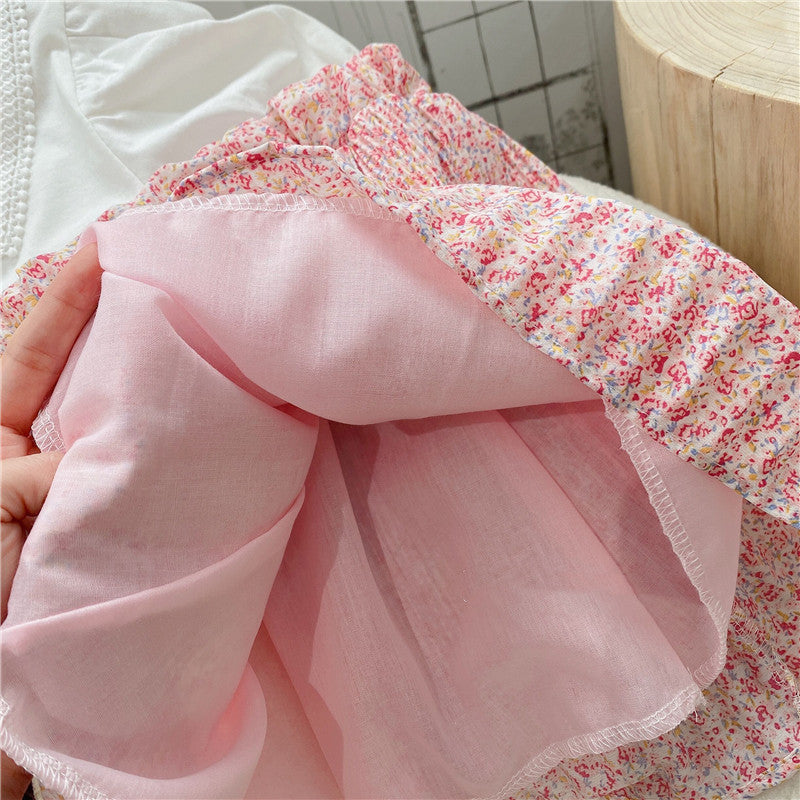 Girls' Floral Lapel Top with Short Skirt