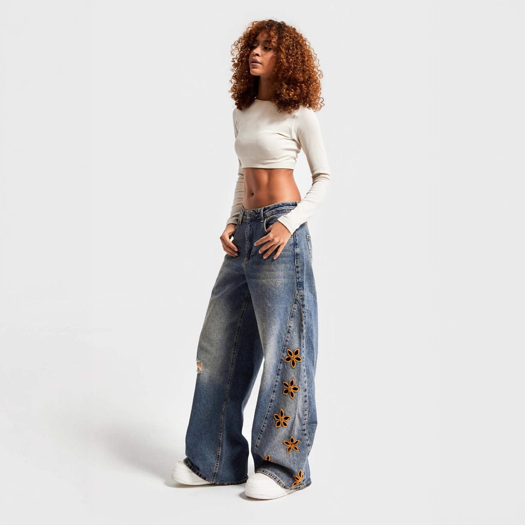 Embroidered High-Waisted Loose Denim Jeans