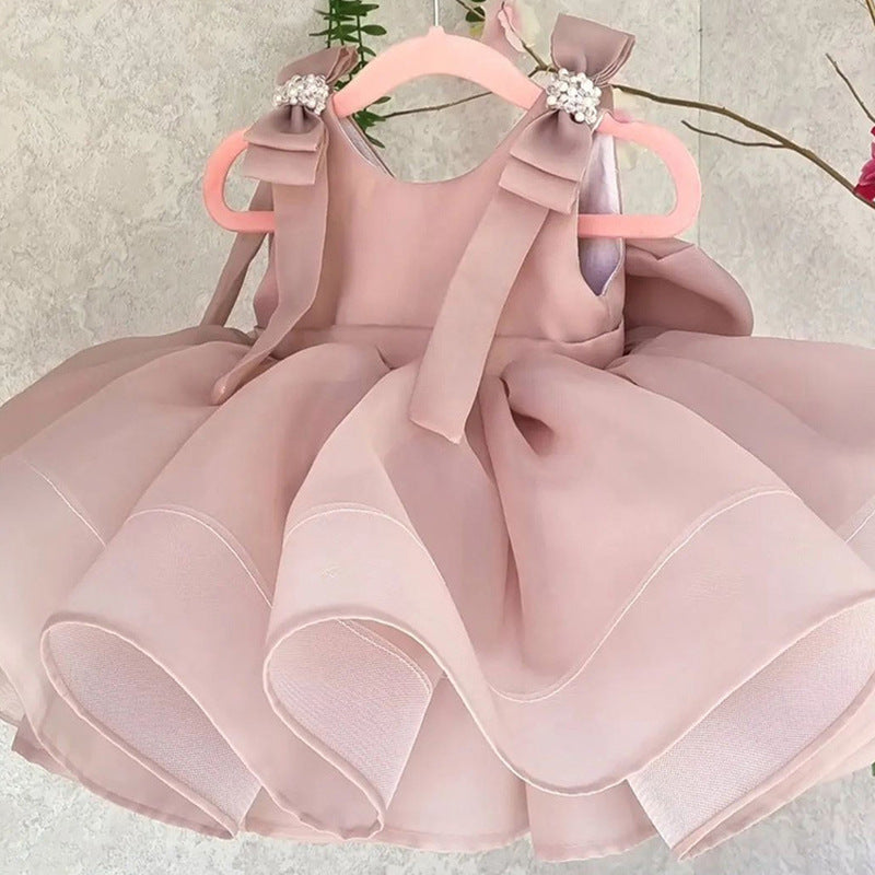 Girls Pink Satin Bow Tutu Dress