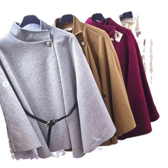 Women's Elegant Woolen Coat with Waist Tie