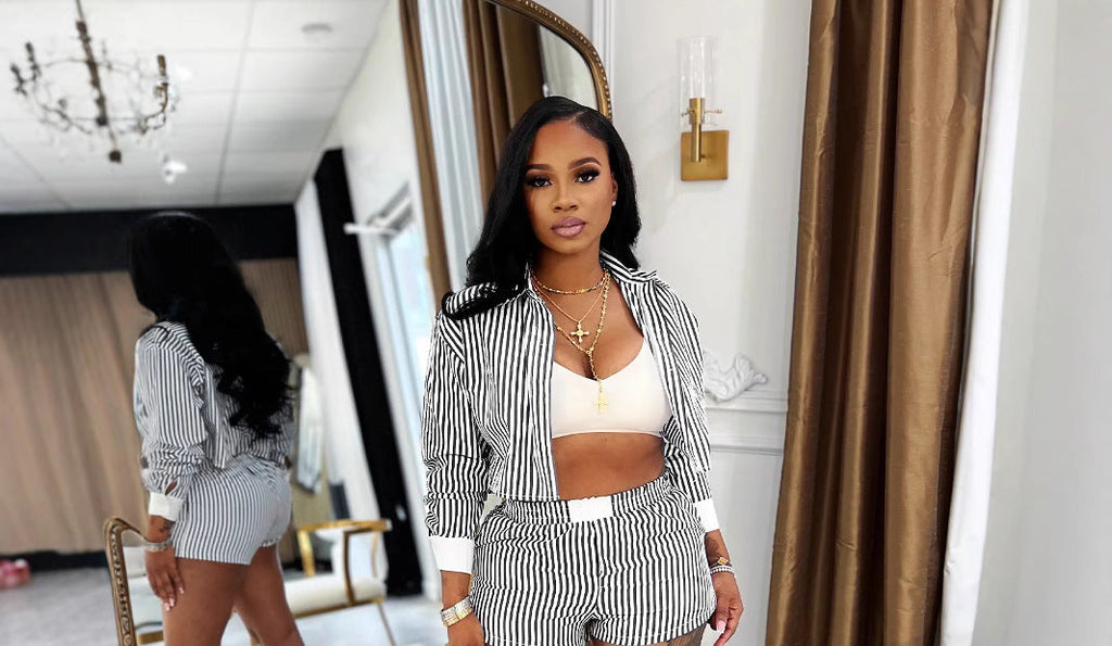 Women's Stylish Lapel Striped Long Sleeve Shirt and Shorts Suit