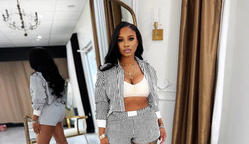 Women's Stylish Lapel Striped Long Sleeve Shirt and Shorts Suit