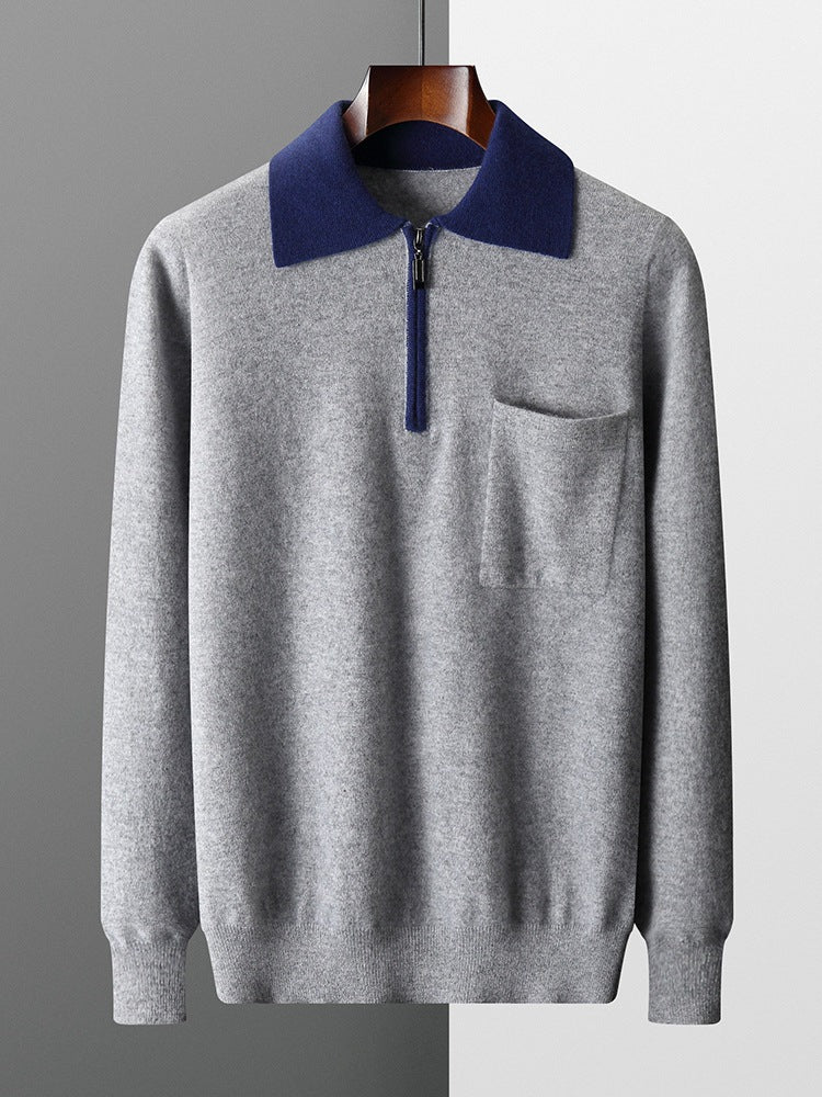 Men's Cashmere Knit Sweater Lapel Collar Long Sleeve