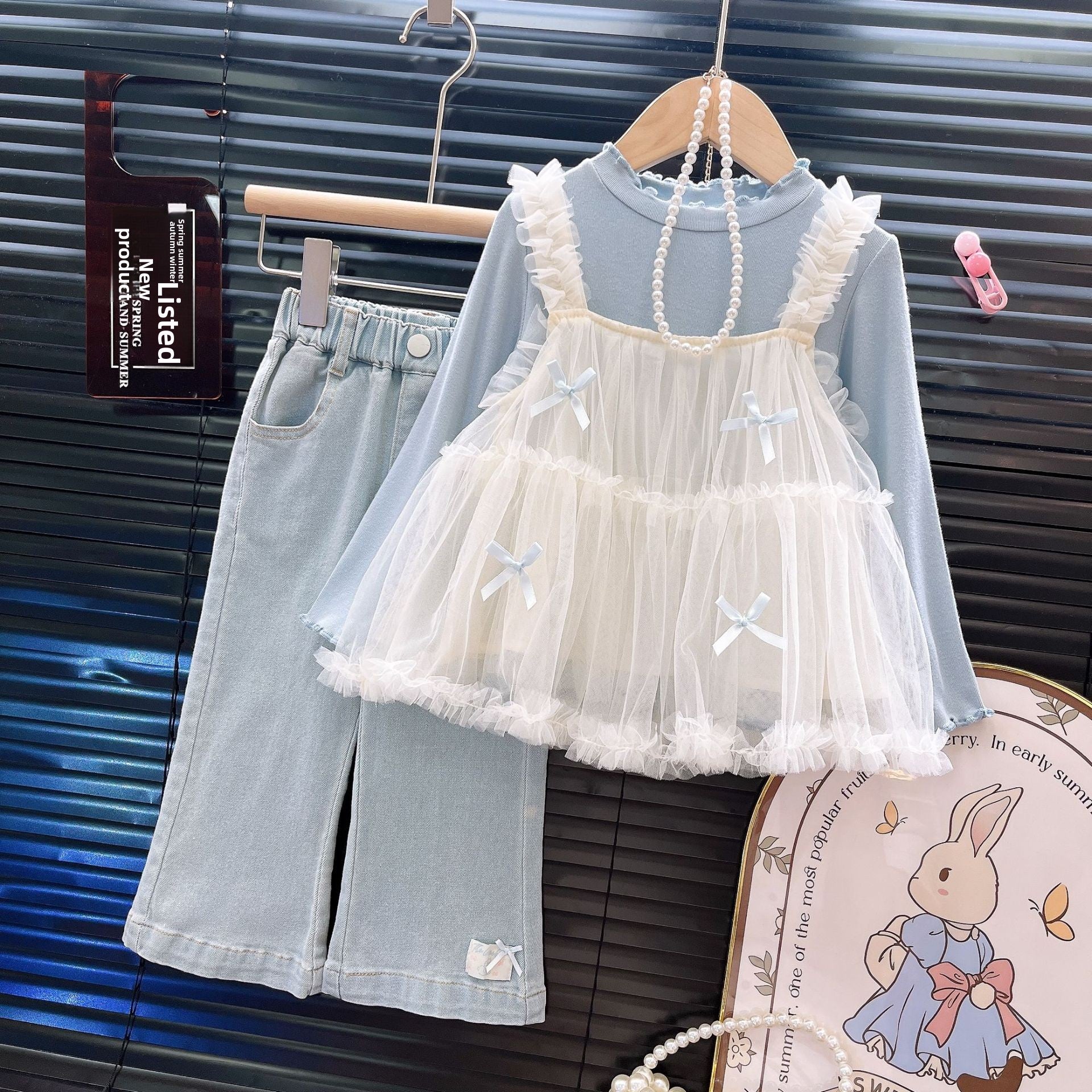 Girls' Three-Piece Outfit Shirt Suspenders Jeans Set