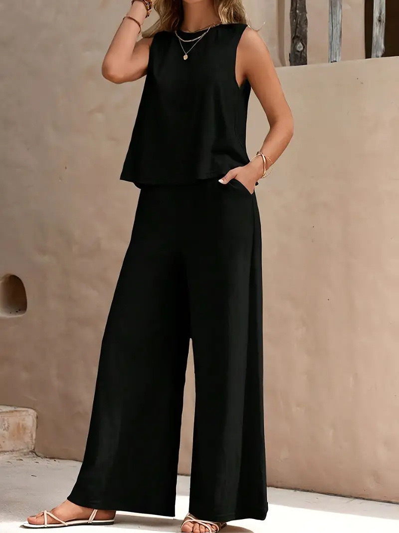Solid-color tank top and wide-leg pants set