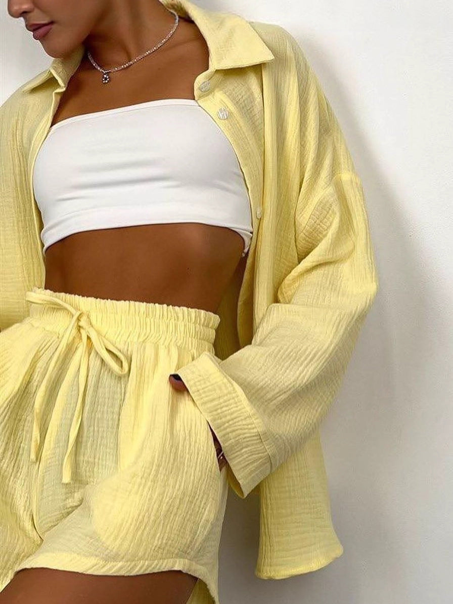 Women's Casual Cotton Shirt and Shorts Set