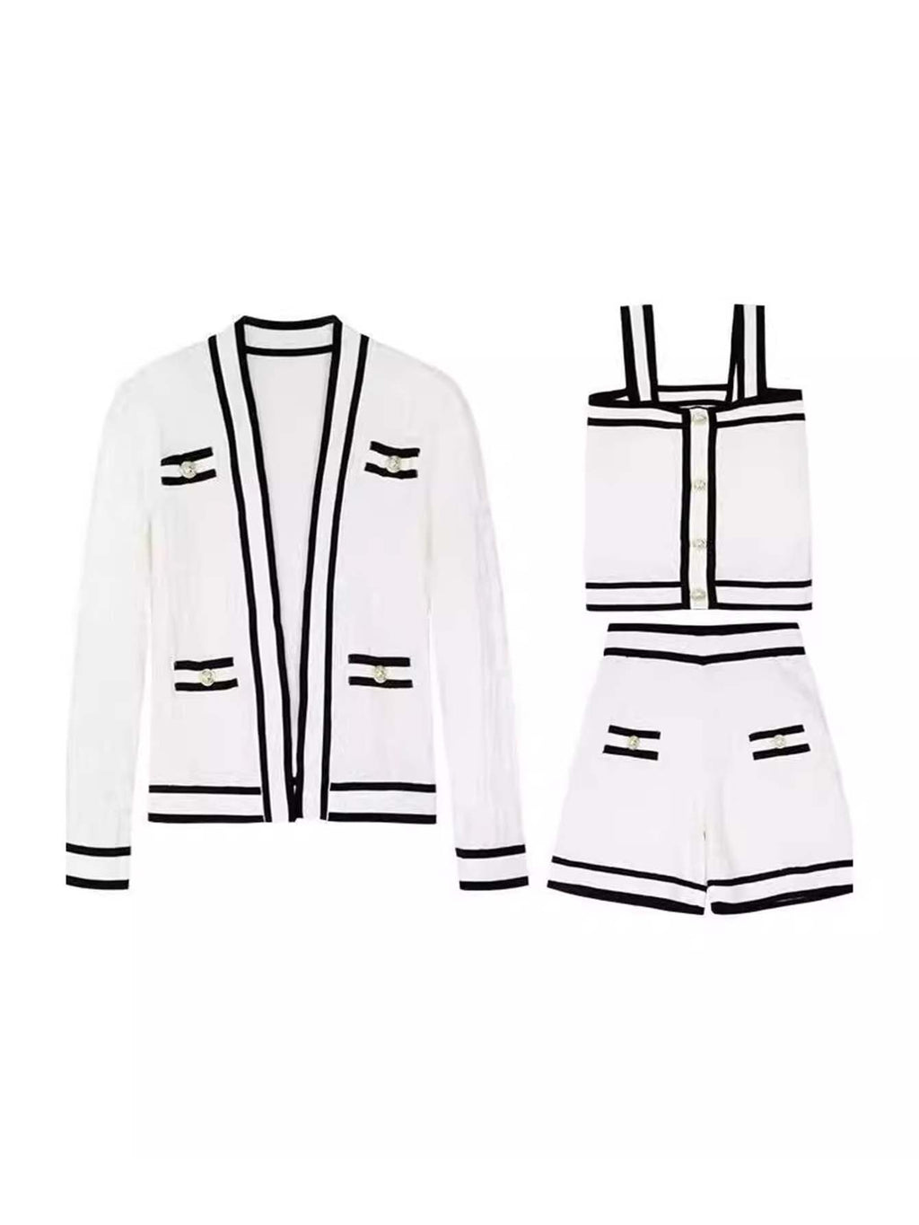 Three-piece set, knitted cardigan, top, and shorts