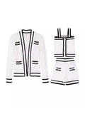 Three-piece set, knitted cardigan, top, and shorts