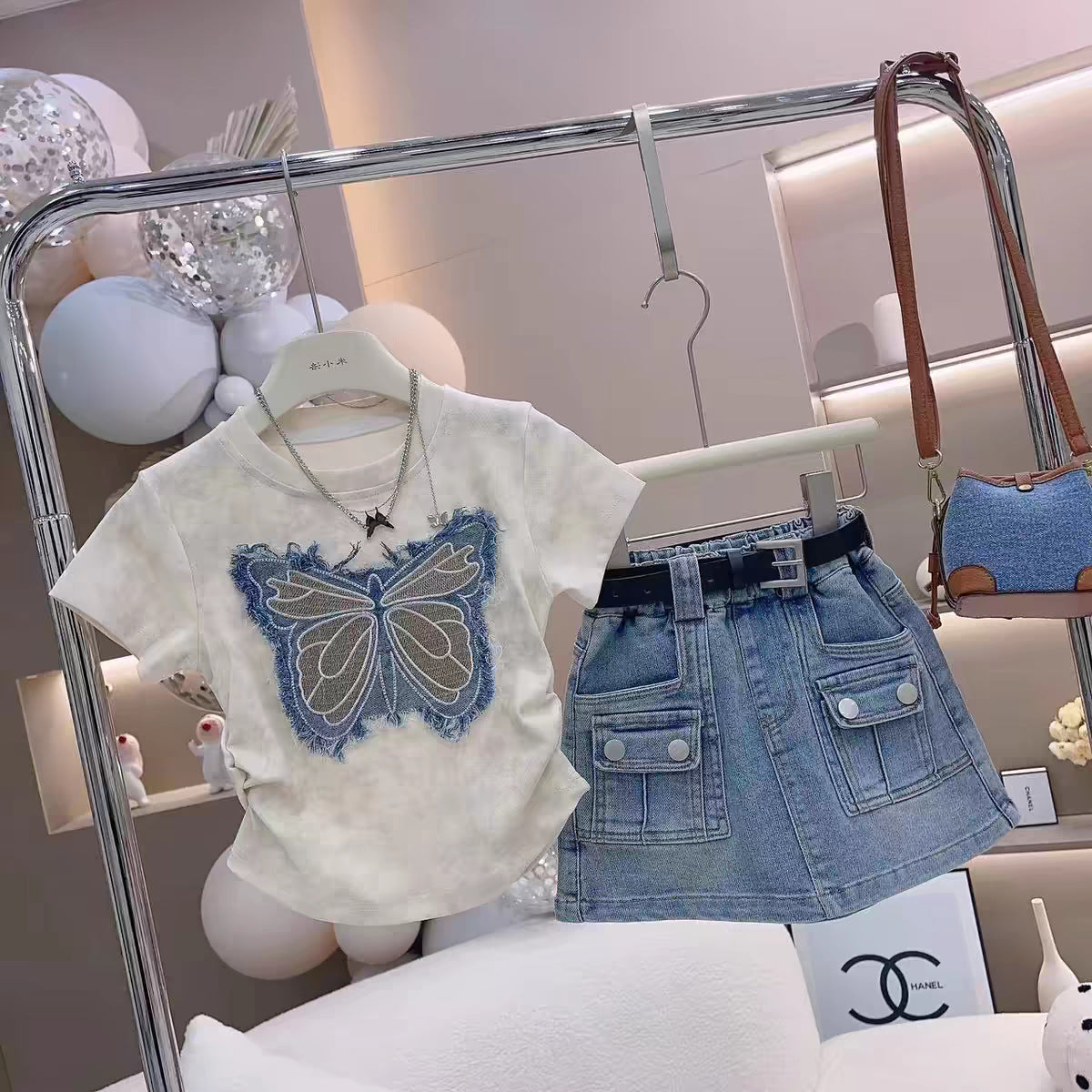 Girls' Bow Embroidered Top and Denim Skirt Set