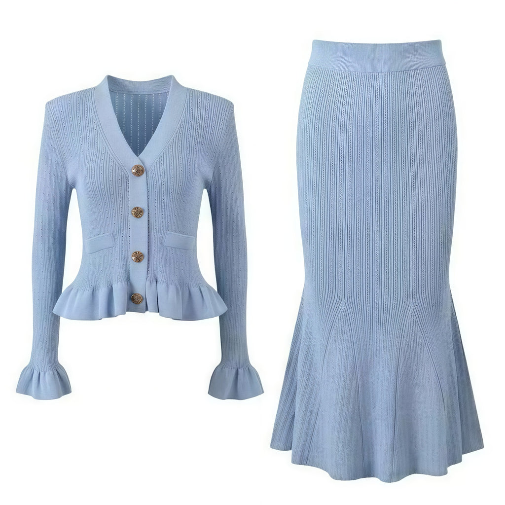 Women's Knitted V-Neck Cardigan and Fishtail Skirt Set