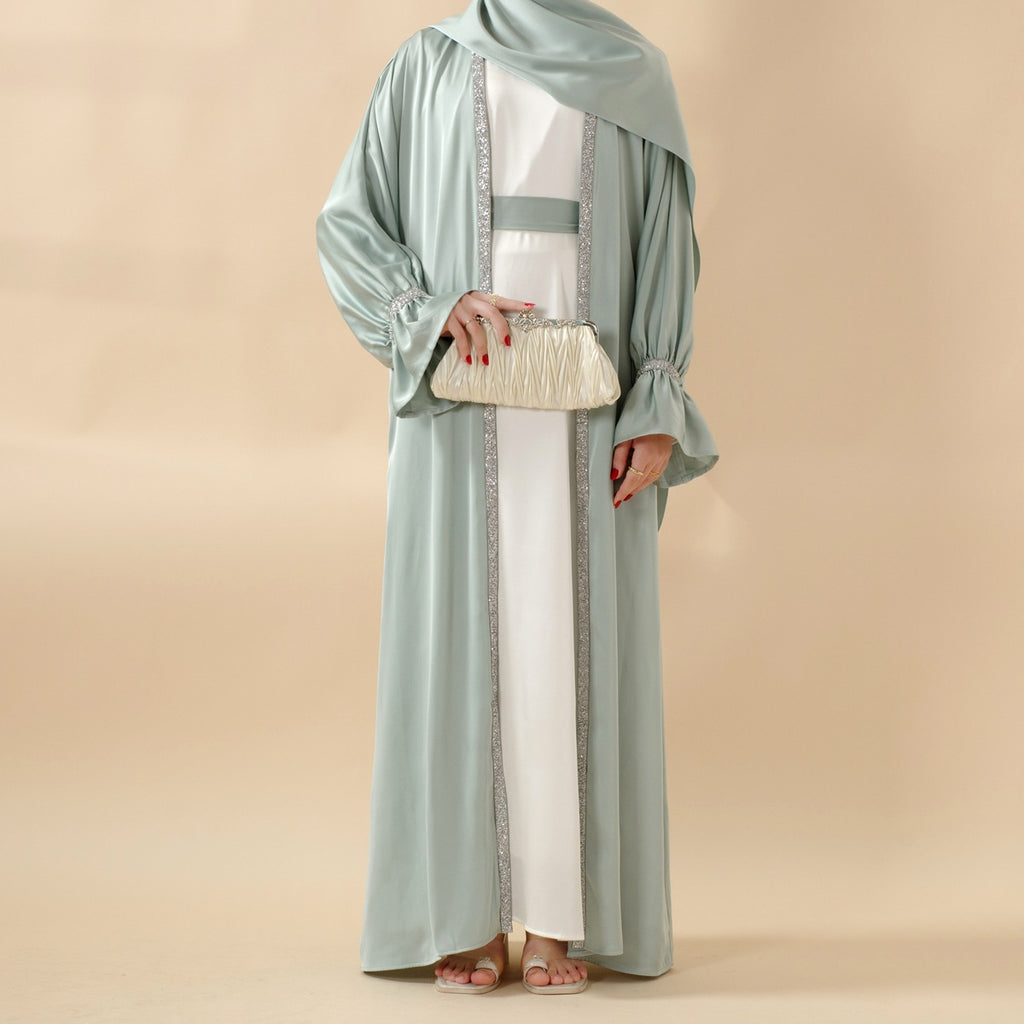 Skirt cuff with diamond abaya women's robe set inner dress, matching belt, and headscarf
