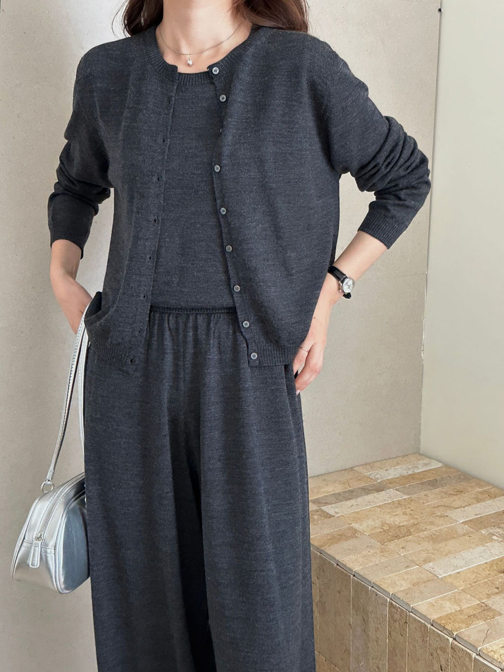 Women's Machine Washable Wool Knit Suit - Three-Piece Set Cardigan, Vest, and Pants
