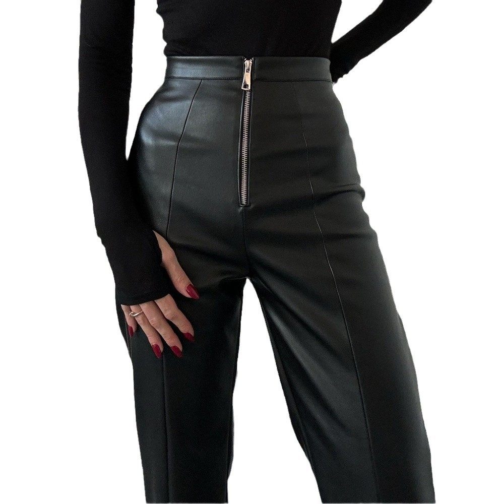 Womens High Waisted PU Leather Wide Leg Pants