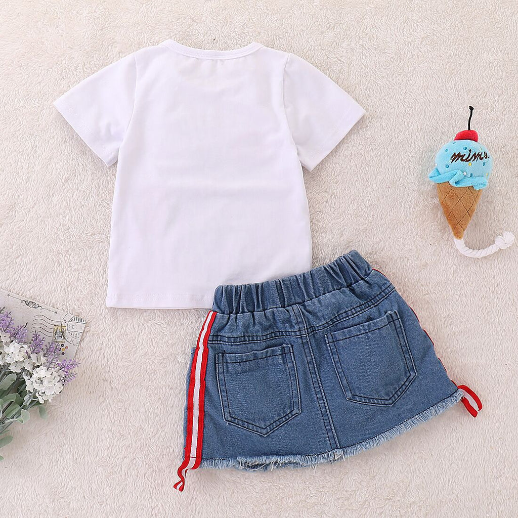 Girls' Printed T-shirt and Denim Skirt Set