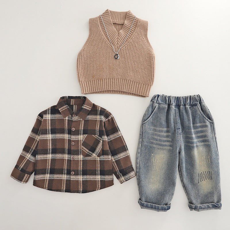 Boys' Plaid Shirt Vest Trousers Set
