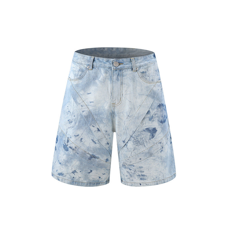 Tie-dyed gradient denim short-sleeved top and shorts set