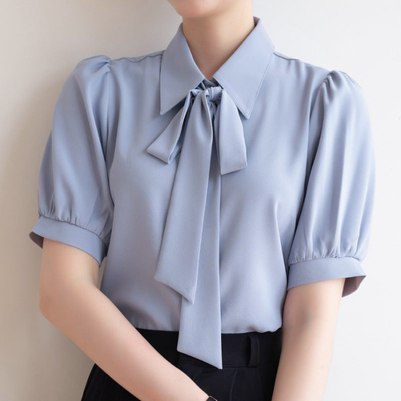 Women's Bow Ribbon Chiffon Shirt - Puff Sleeve
